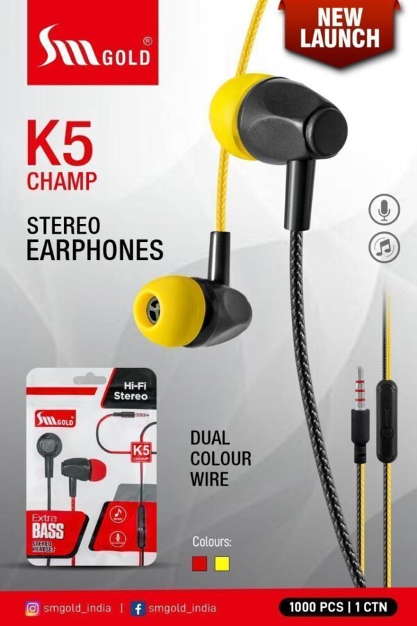 SM GOLD K5 CHAMP STEREO EARPHONE