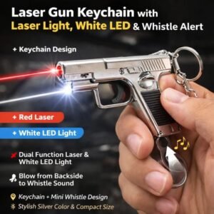 Silver Laser Gun Keychain with Led Light With Whistle Sound multi Function Gadgets